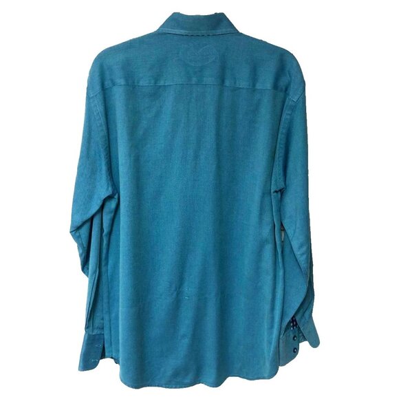 Robert Graham Solid Teal Blue Button Down Shirt Men's L Flip Cuff Check Paisley - Picture 3 of 9
